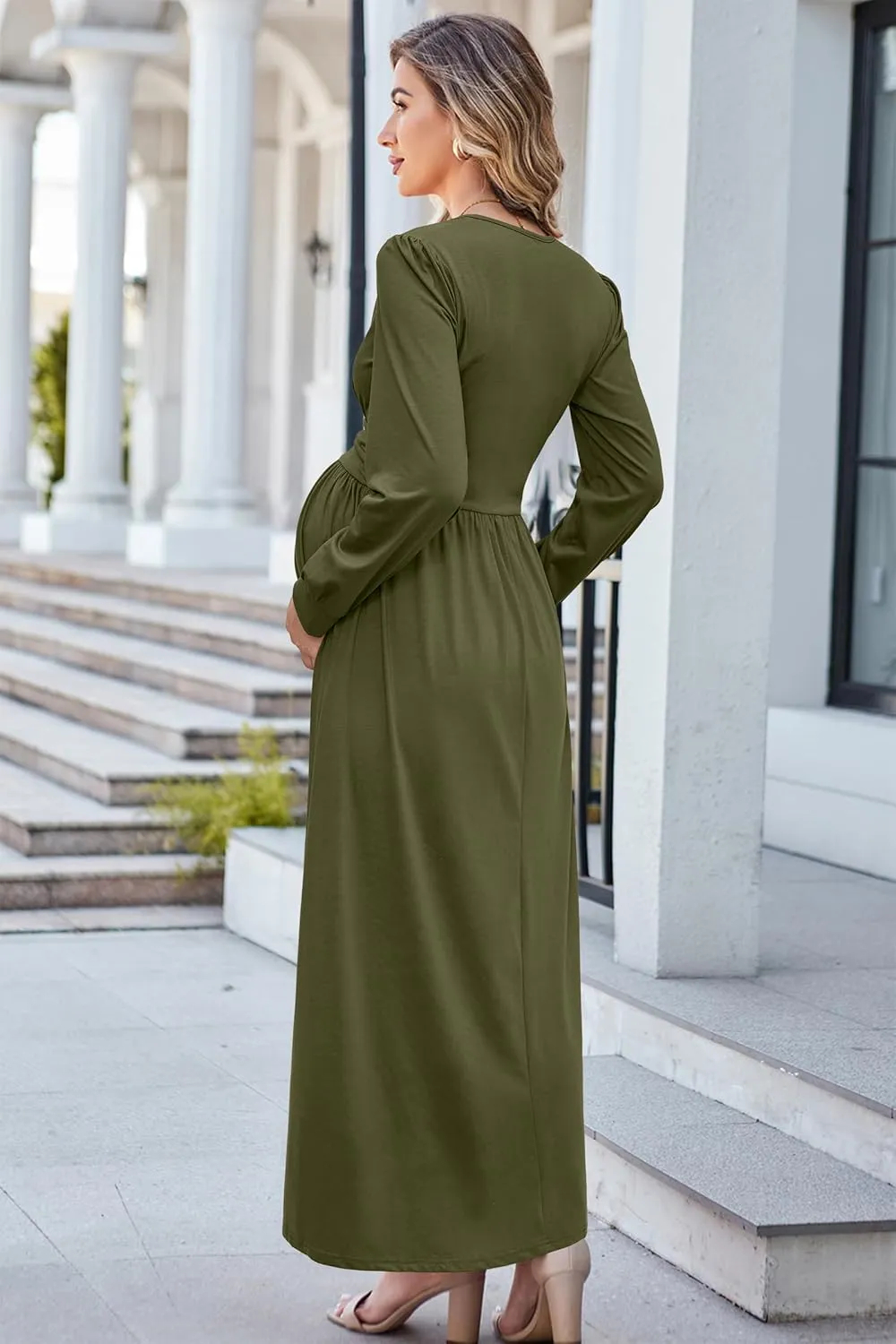 OUGES Fall Maternity Maxi Dress Long Sleeve Wrap V Neck Baby Shower Pregnancy Dresses for Photoshoot Maternity Clothes