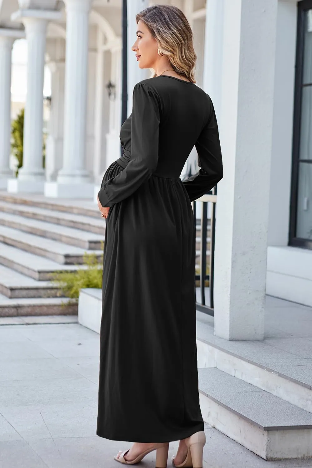 OUGES Fall Maternity Maxi Dress Long Sleeve Wrap V Neck Baby Shower Pregnancy Dresses for Photoshoot Maternity Clothes