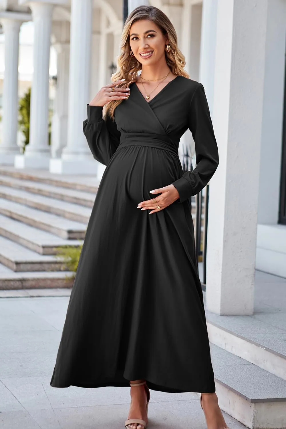 OUGES Fall Maternity Maxi Dress Long Sleeve Wrap V Neck Baby Shower Pregnancy Dresses for Photoshoot Maternity Clothes