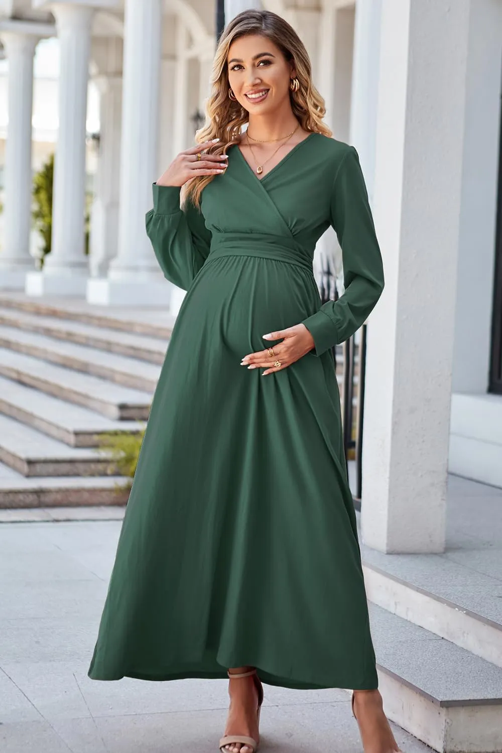 OUGES Fall Maternity Maxi Dress Long Sleeve Wrap V Neck Baby Shower Pregnancy Dresses for Photoshoot Maternity Clothes