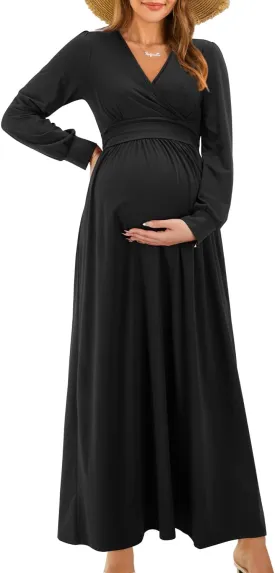 OUGES Fall Maternity Maxi Dress Long Sleeve Wrap V Neck Baby Shower Pregnancy Dresses for Photoshoot Maternity Clothes