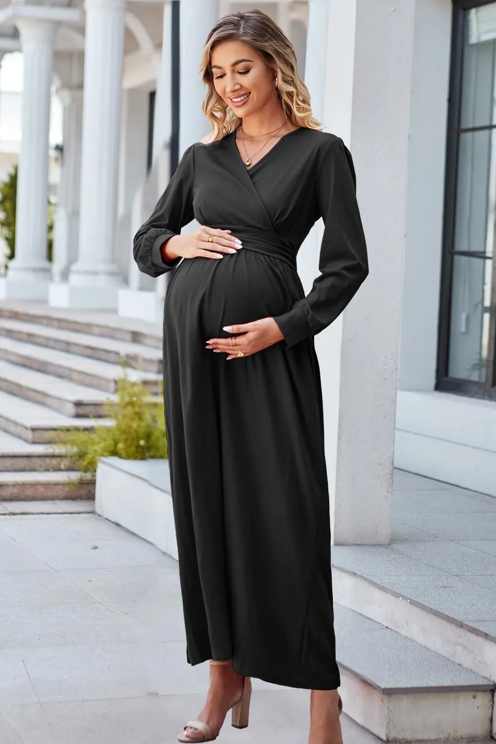OUGES Fall Maternity Maxi Dress Long Sleeve Wrap V Neck Baby Shower Pregnancy Dresses for Photoshoot Maternity Clothes