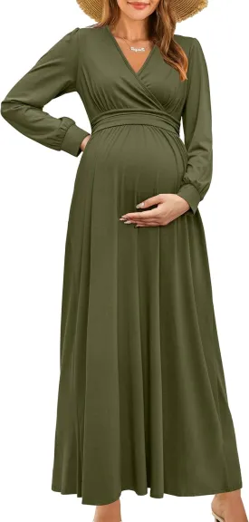 OUGES Fall Maternity Maxi Dress Long Sleeve Wrap V Neck Baby Shower Pregnancy Dresses for Photoshoot Maternity Clothes