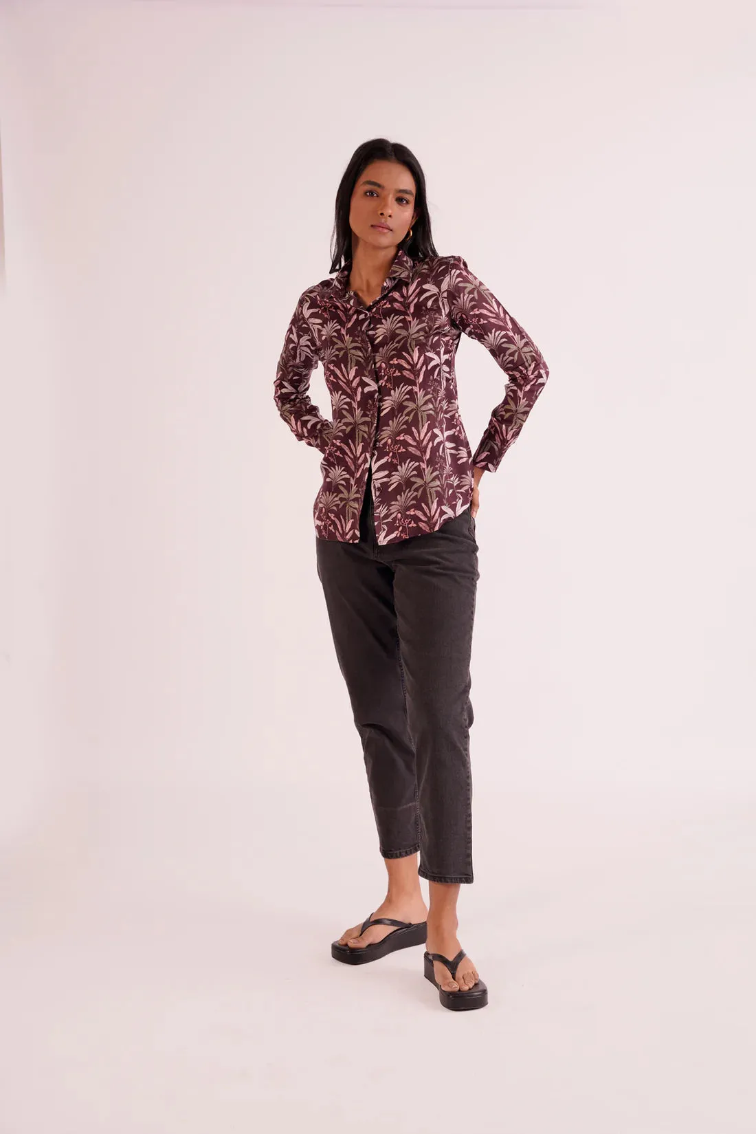 Palm Printed Purple Women's Office Shirt