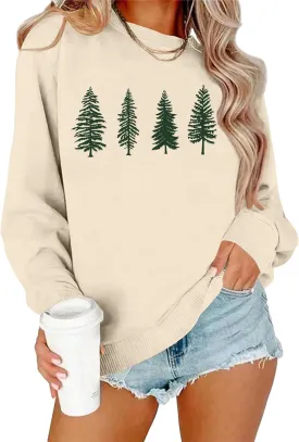 PECHAR Christmas Tree Sweatshirts Women Pine Tree Print Shirts Nature Lover Gift Casual Tee Long Sleeve Xmas Pullover
