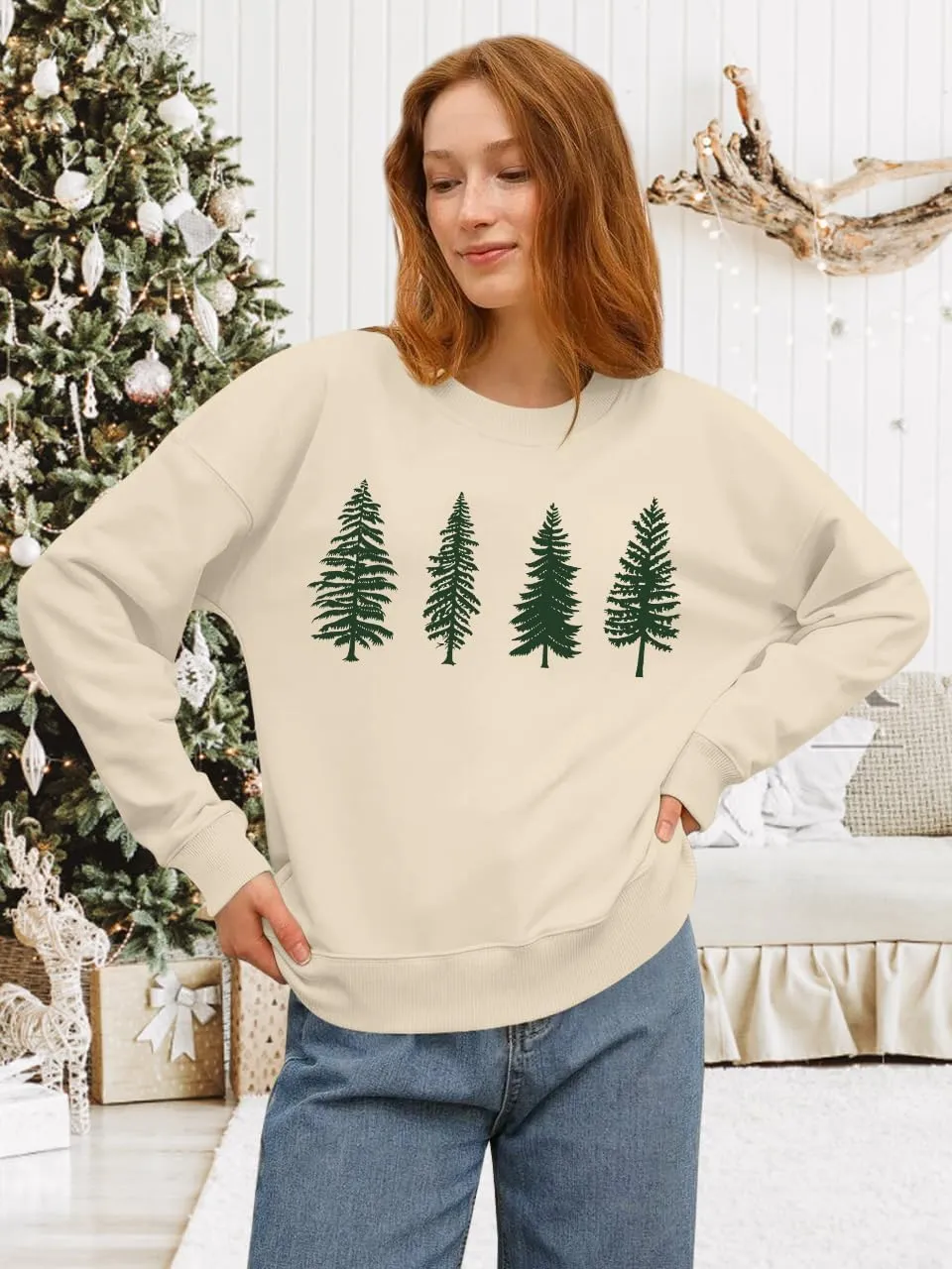 PECHAR Christmas Tree Sweatshirts Women Pine Tree Print Shirts Nature Lover Gift Casual Tee Long Sleeve Xmas Pullover
