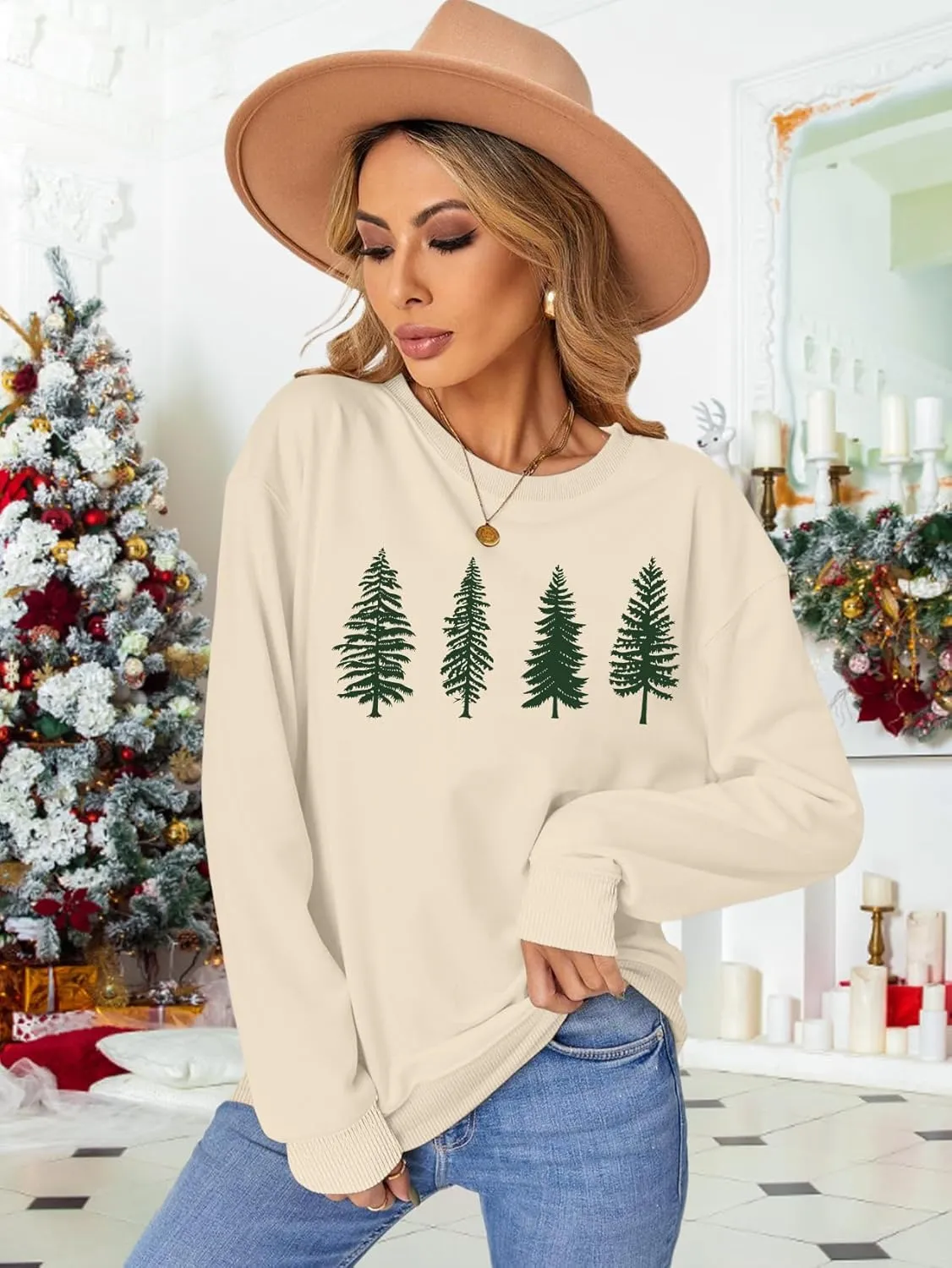 PECHAR Christmas Tree Sweatshirts Women Pine Tree Print Shirts Nature Lover Gift Casual Tee Long Sleeve Xmas Pullover