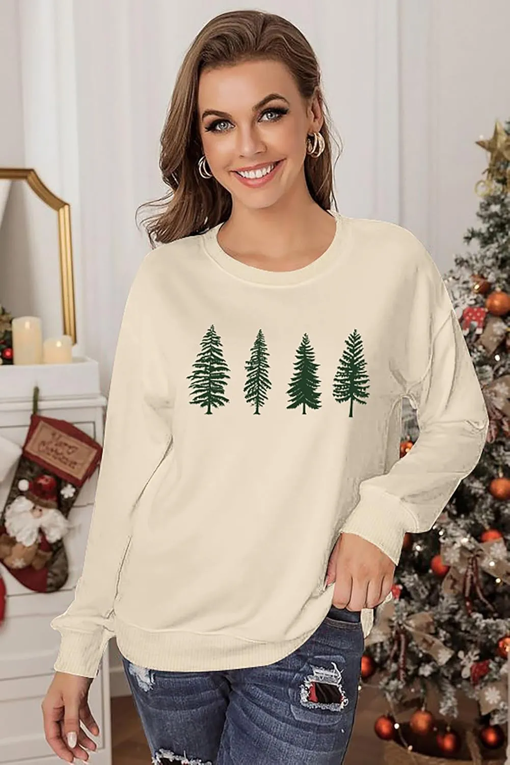 PECHAR Christmas Tree Sweatshirts Women Pine Tree Print Shirts Nature Lover Gift Casual Tee Long Sleeve Xmas Pullover