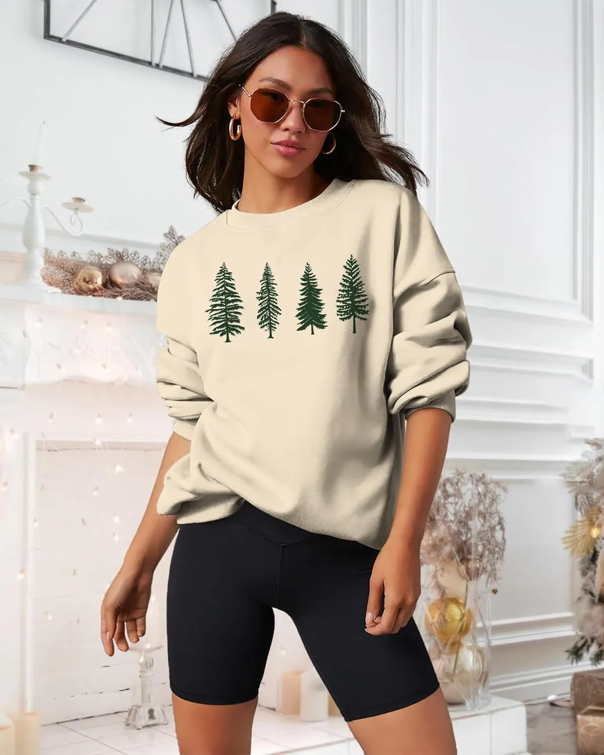 PECHAR Christmas Tree Sweatshirts Women Pine Tree Print Shirts Nature Lover Gift Casual Tee Long Sleeve Xmas Pullover