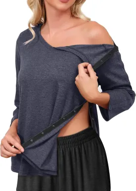 Post Shoulder Surgery Shirts for WomenTear Away 3/4 Sleeve Full Open Side Snap Dialysis Chemo Adaptive Clothing