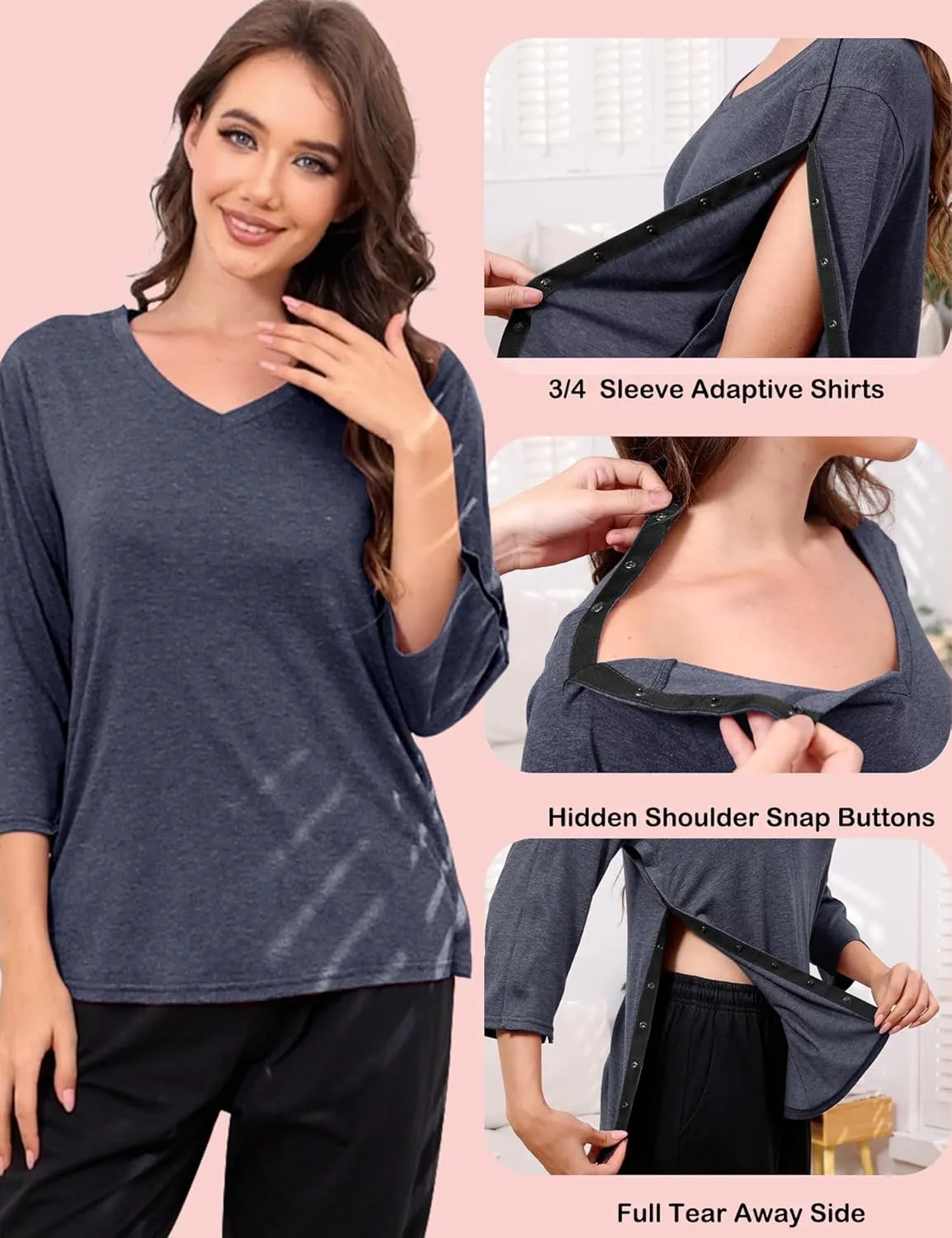 Post Shoulder Surgery Shirts for WomenTear Away 3/4 Sleeve Full Open Side Snap Dialysis Chemo Adaptive Clothing