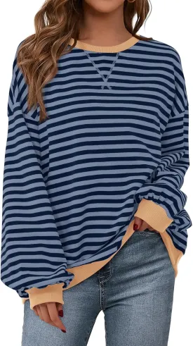 PRETTYGARDEN Womens Striped Oversized Sweatshirt Color Block Crew Neck Long Sleeve Casual Loose Pullover Top Y2K Clothes