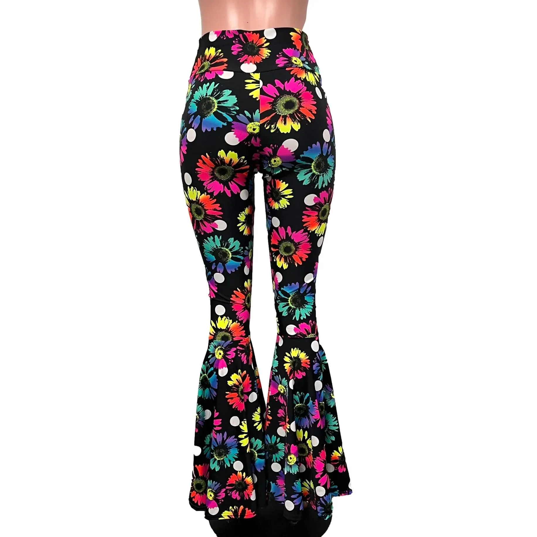 SALE - SMALL - High Waist Bell Bottoms - Polka Dot Electric Daisy Neon