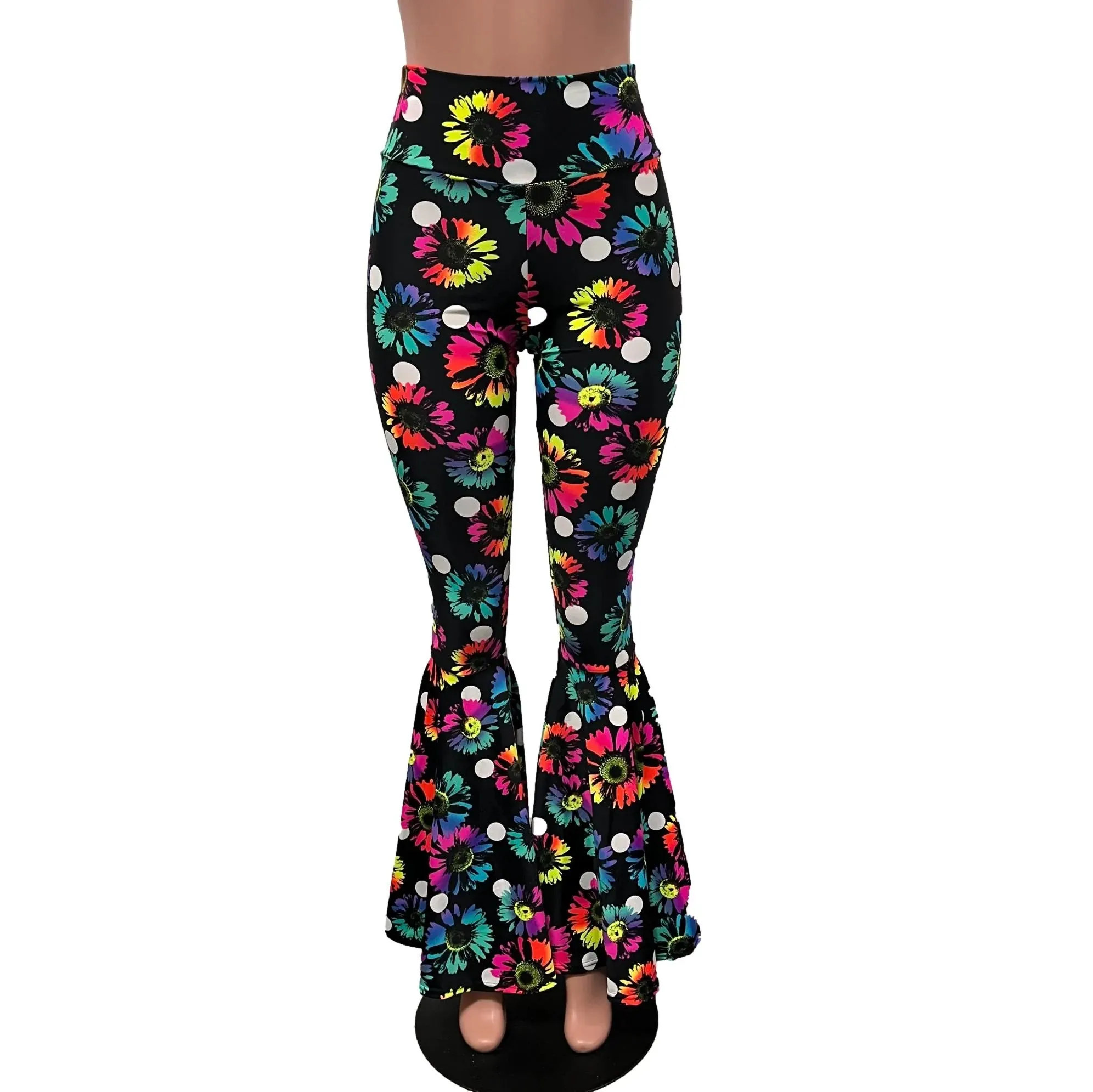 SALE - SMALL - High Waist Bell Bottoms - Polka Dot Electric Daisy Neon