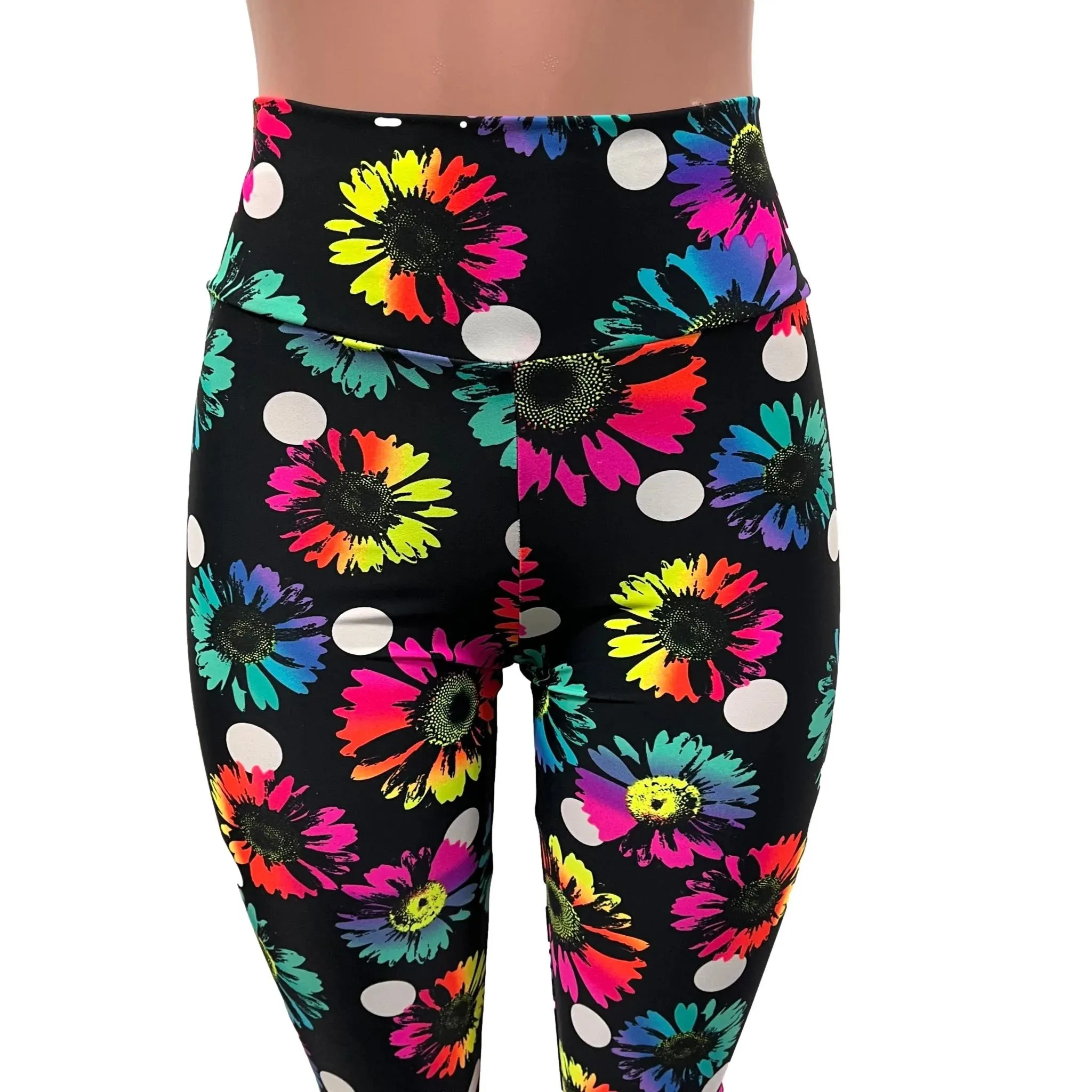 SALE - SMALL - High Waist Bell Bottoms - Polka Dot Electric Daisy Neon