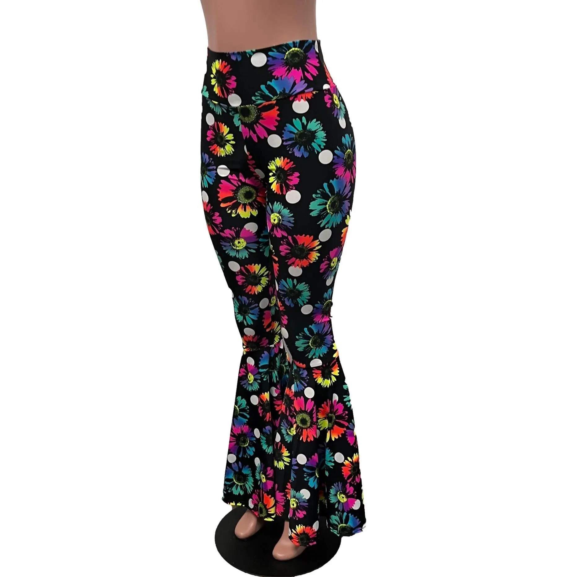 SALE - SMALL - High Waist Bell Bottoms - Polka Dot Electric Daisy Neon
