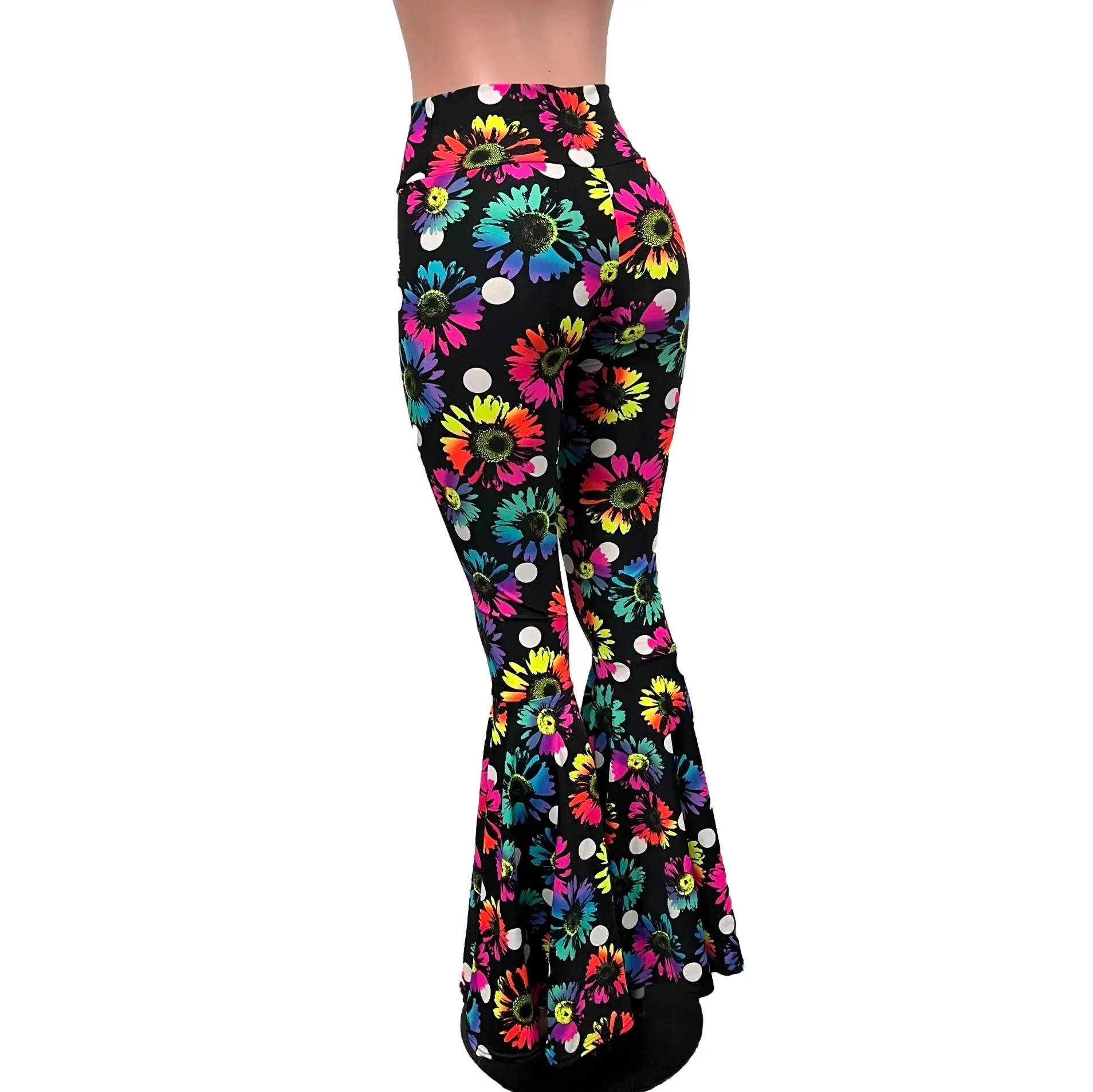SALE - SMALL - High Waist Bell Bottoms - Polka Dot Electric Daisy Neon