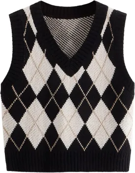 SweatyRocks Women's Plaid Geo Sleeveless V Neck Knit Crop Top Sweater Vest