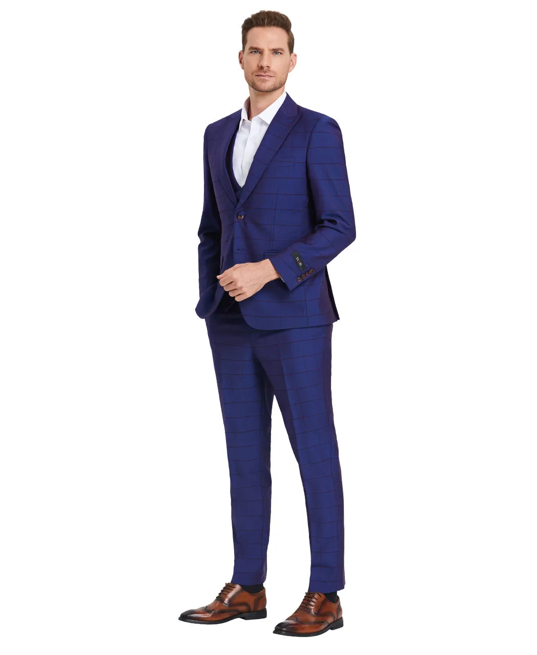 Tazzio Skinny Fit Window Plaid Suit, Double Breast U-Shape Vest, Admiral Blue