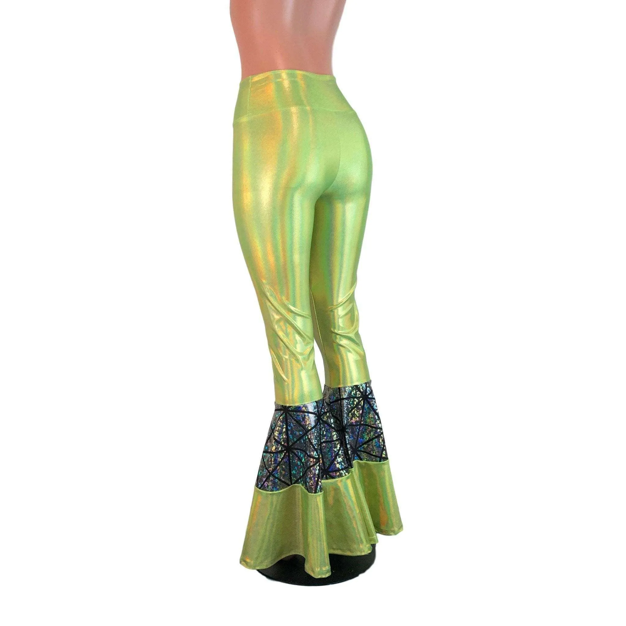 Tiered Bell Bottom Flares  - Lime Green/Silver Glass Pane