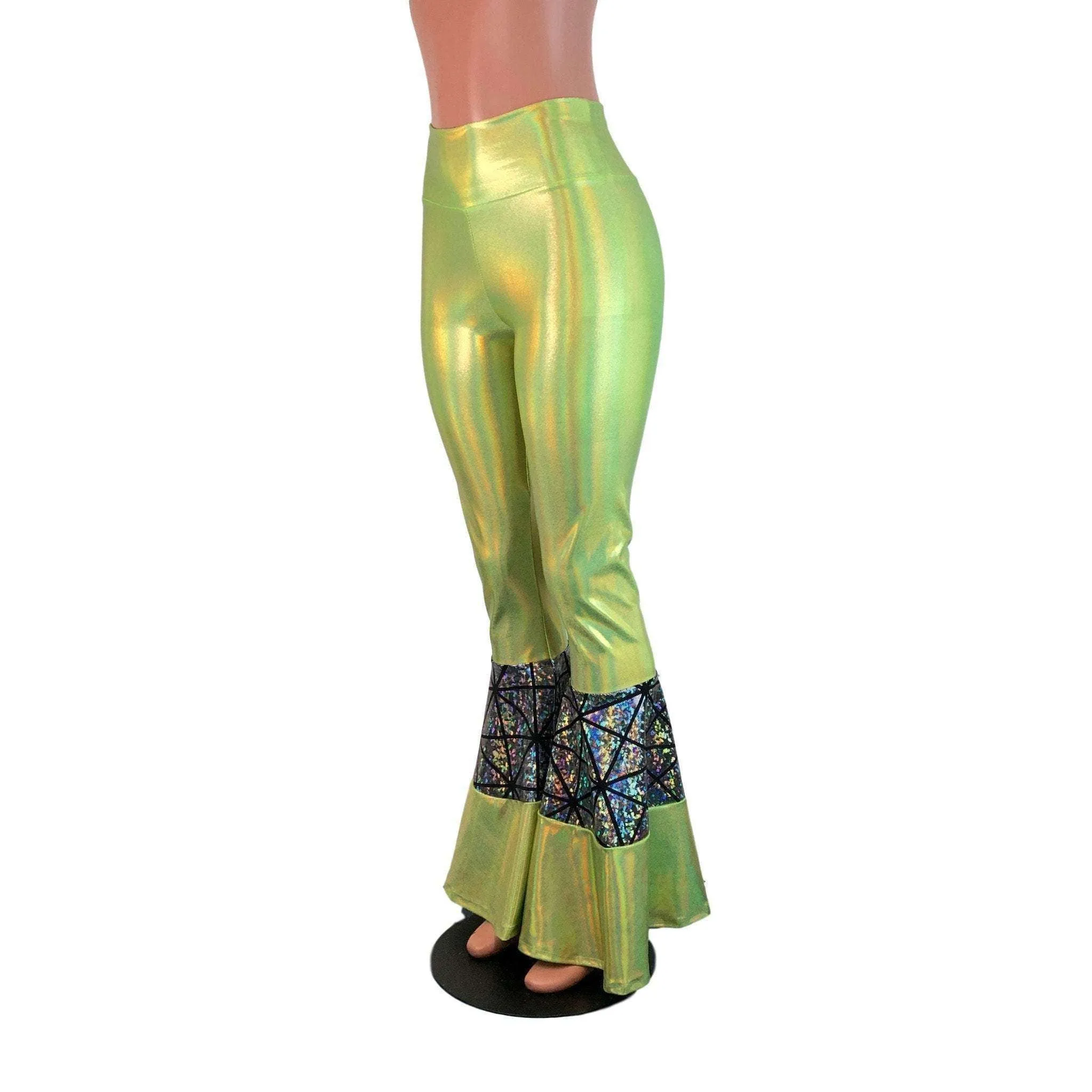 Tiered Bell Bottom Flares  - Lime Green/Silver Glass Pane