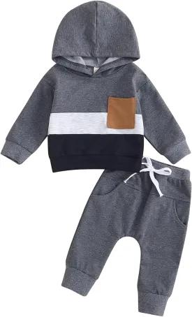 Toddler Baby Boy Clothes Color Block Hooded Sweatshirt Pullover Jogger Pants 2Pcs Fall Winter Sweatsuit Outfit