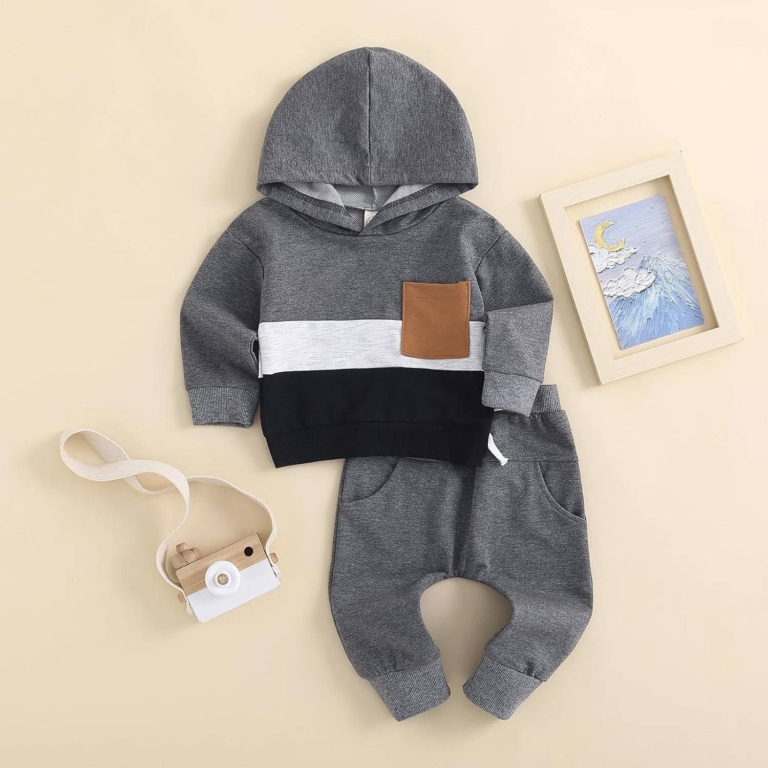 Toddler Baby Boy Clothes Color Block Hooded Sweatshirt Pullover Jogger Pants 2Pcs Fall Winter Sweatsuit Outfit