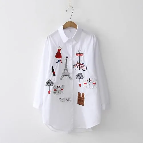 White Button Up Turn Down Collar Long Sleeve Cotton Blouse