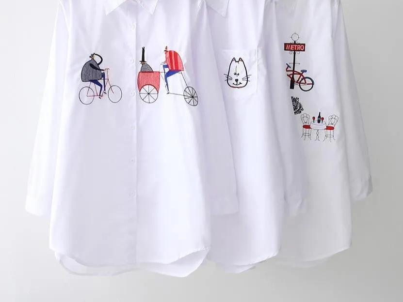 White Button Up Turn Down Collar Long Sleeve Cotton Blouse