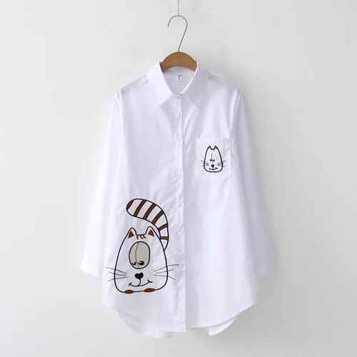 White Button Up Turn Down Collar Long Sleeve Cotton Blouse