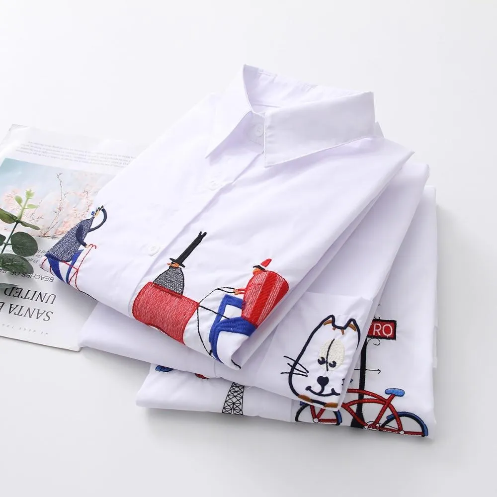 White Button Up Turn Down Collar Long Sleeve Cotton Blouse