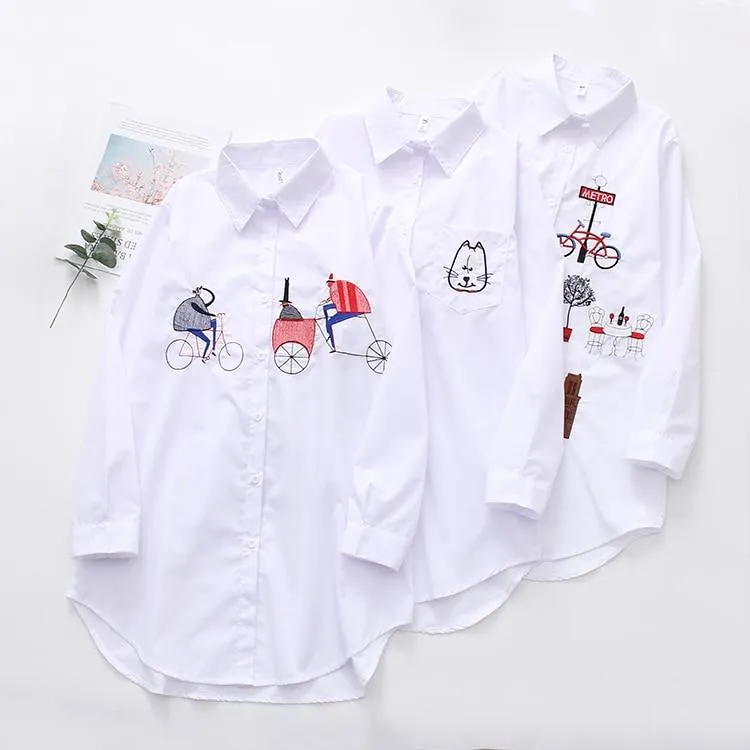 White Button Up Turn Down Collar Long Sleeve Cotton Blouse