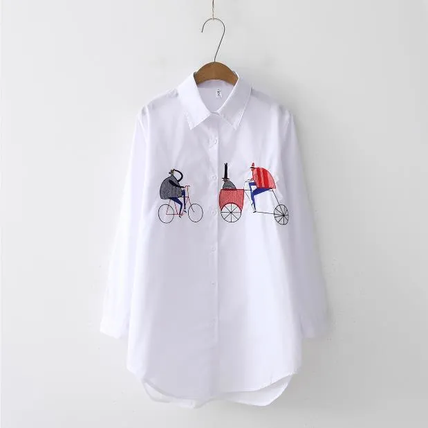 White Button Up Turn Down Collar Long Sleeve Cotton Blouse