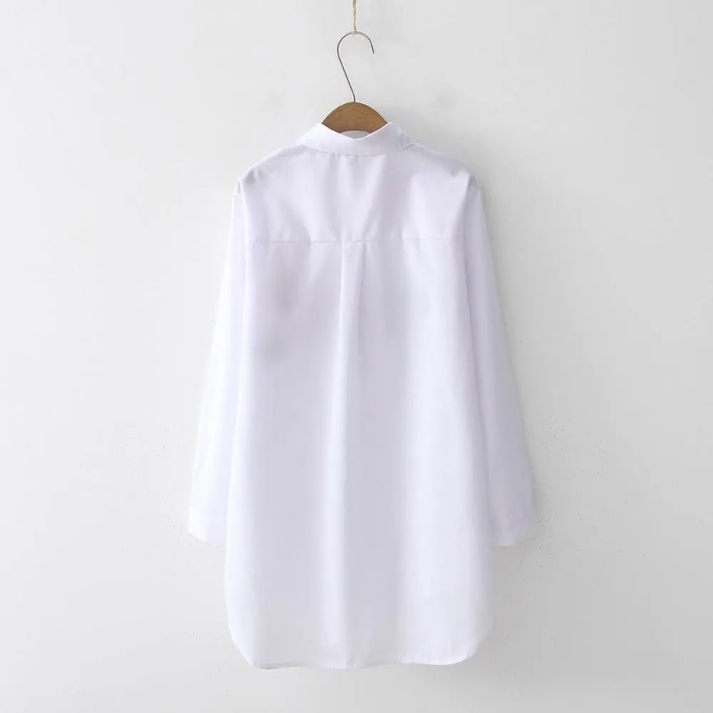 White Button Up Turn Down Collar Long Sleeve Cotton Blouse