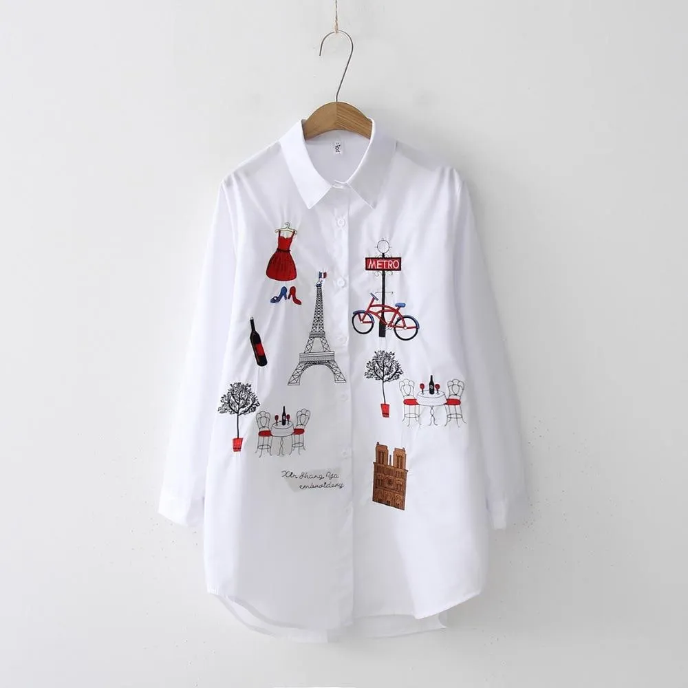 White Button Up Turn Down Collar Long Sleeve Cotton Blouse