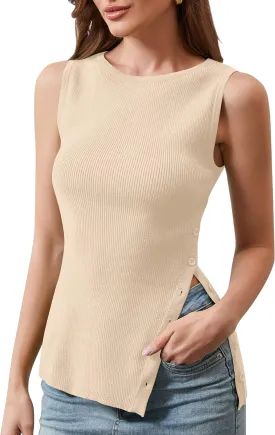 Women Asymmetrical Side Button Slit Hem Sweater Vest Sleeveless Ribbed Knit Tank Tops Boat Neck Summer Vest Tops 2025