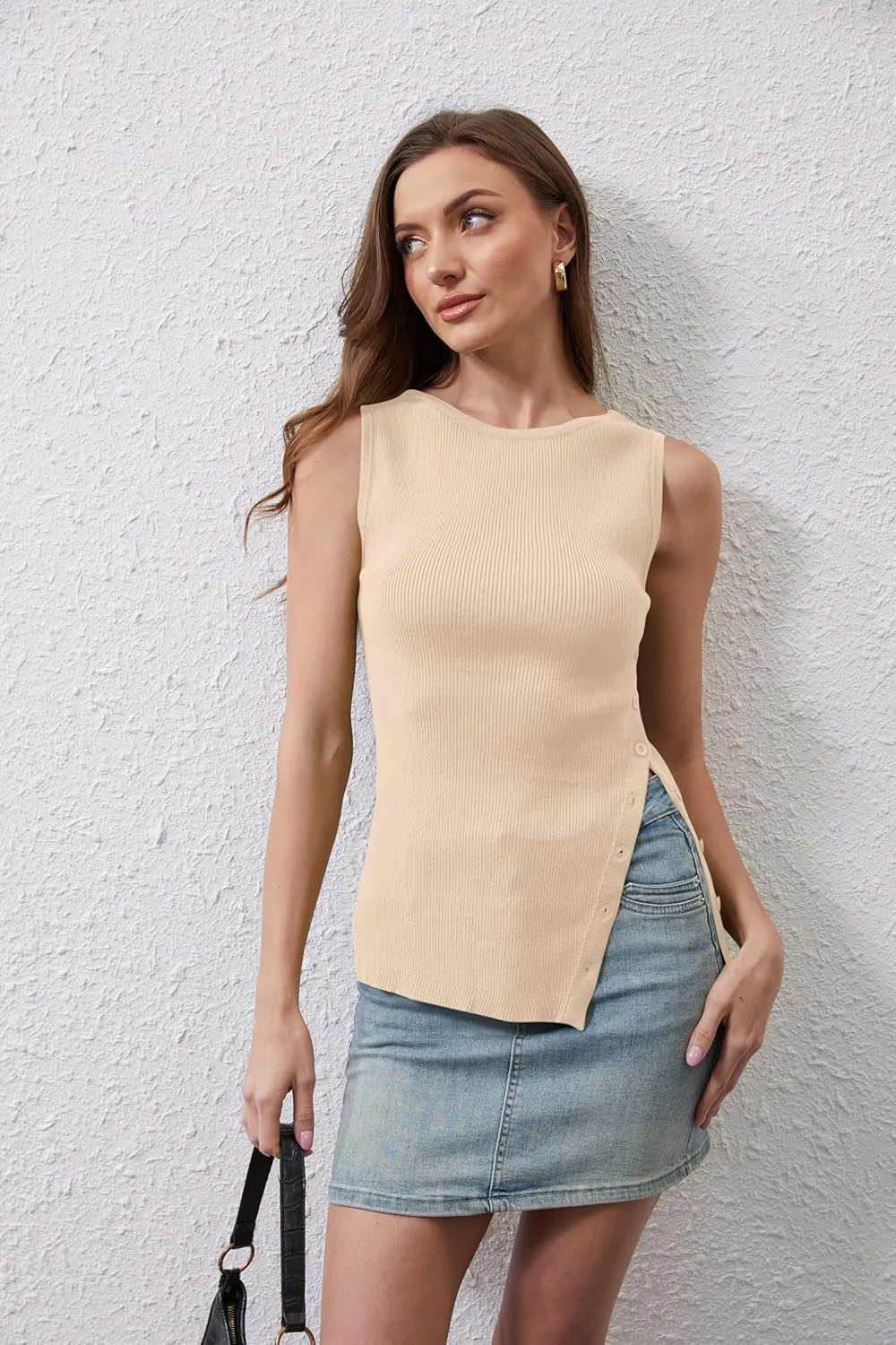 Women Asymmetrical Side Button Slit Hem Sweater Vest Sleeveless Ribbed Knit Tank Tops Boat Neck Summer Vest Tops 2025