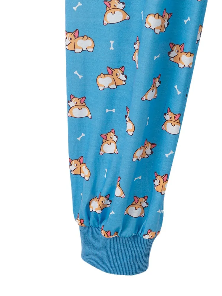 Women Cartoon Dog Print Short Sleeve Cute Cuffed Pants Pajamas Sets