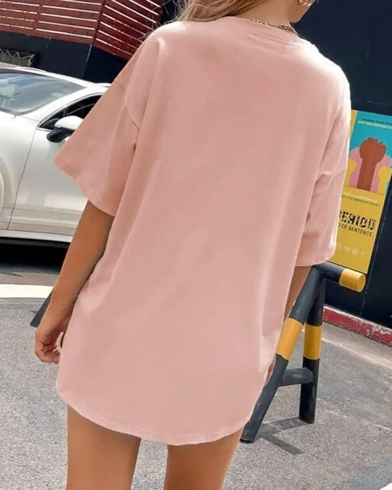 Women Miami Florida Letter Graphic Print Tee Shirt Oversized Short Sleeve Crew Neck Drop Shoulder Casual T-Shirt Tops
