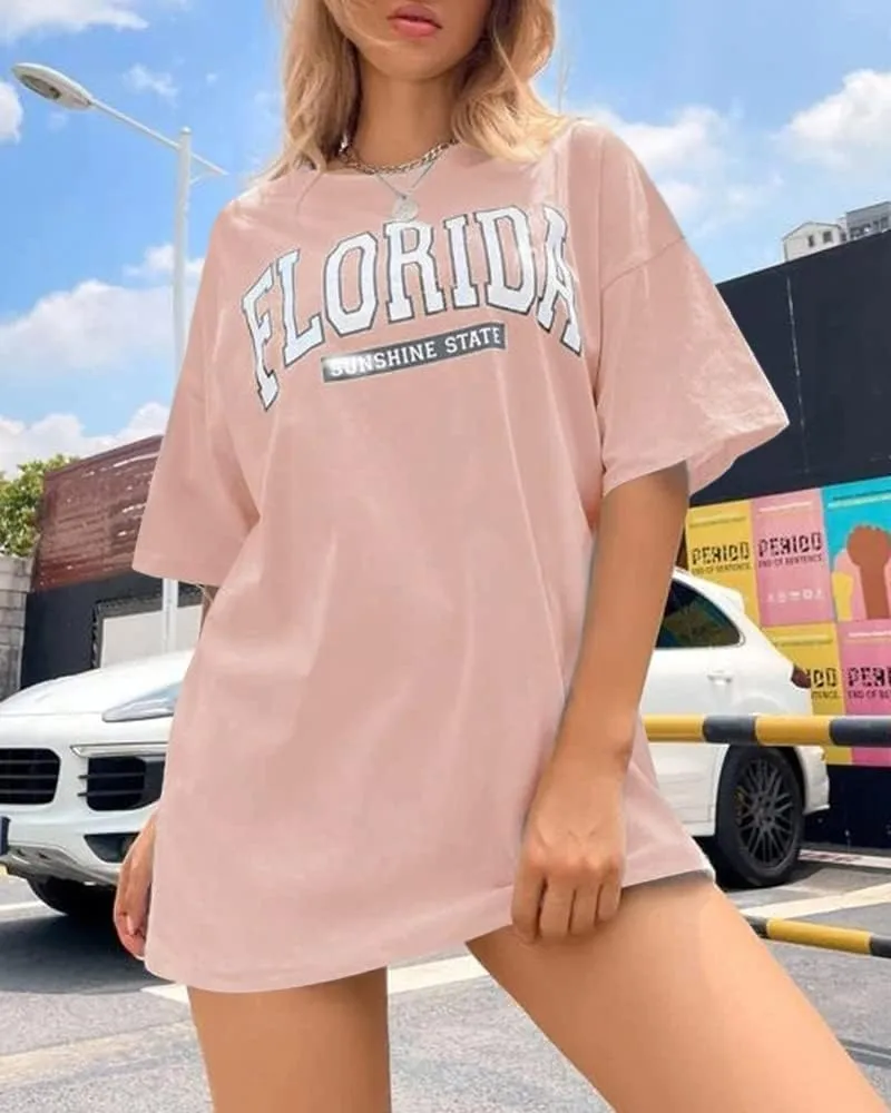 Women Miami Florida Letter Graphic Print Tee Shirt Oversized Short Sleeve Crew Neck Drop Shoulder Casual T-Shirt Tops