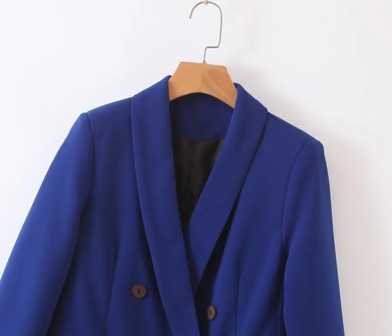 Women Pants Suit, Double Breast Suit, High Waist, Blue