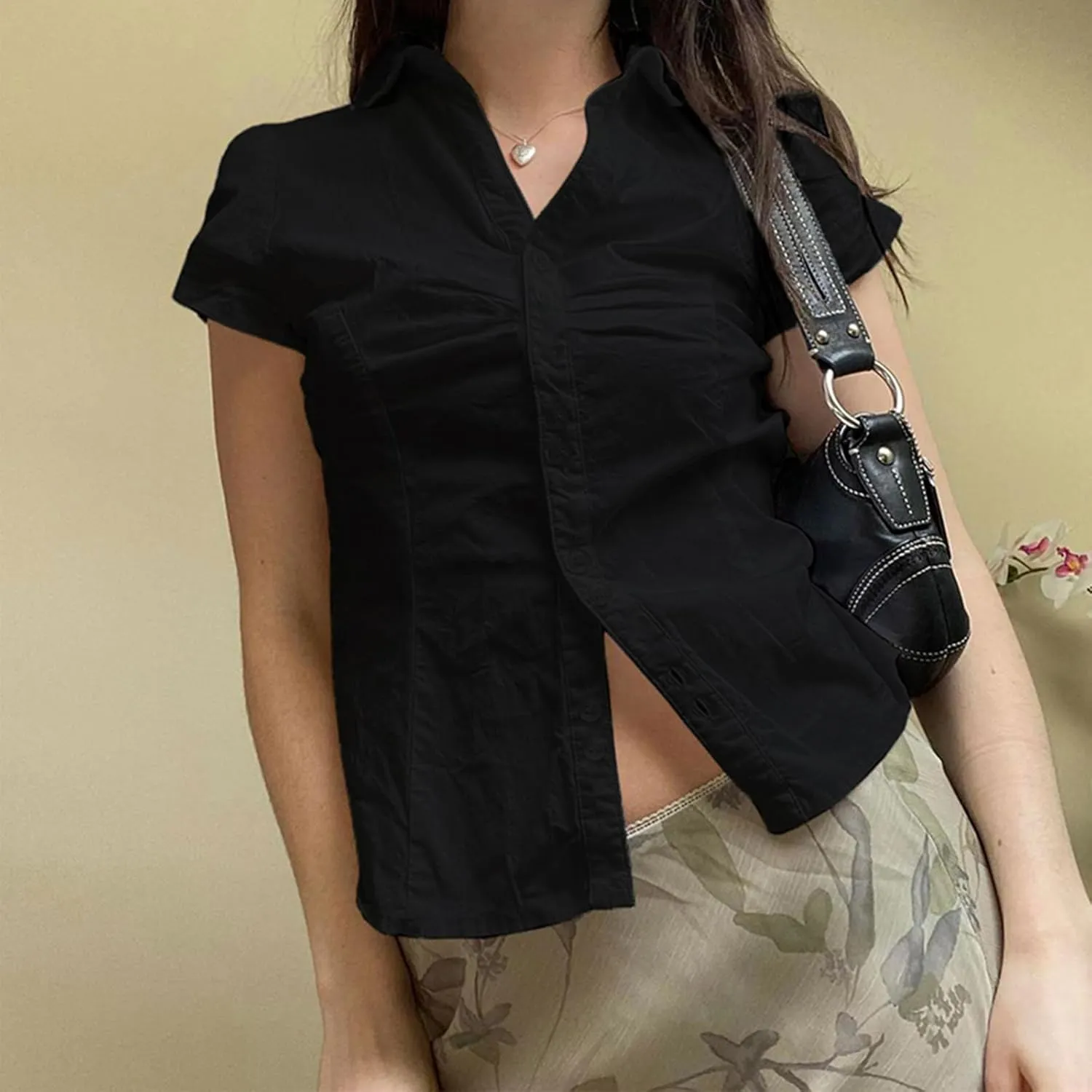 Women Y2k Button Up Shirt E-Girls Short Sleeve T Shirt Cute Babydoll Tee Fairy Lace Patchwork Top 90s Vintage Blouse
