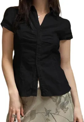 Women Y2k Button Up Shirt E-Girls Short Sleeve T Shirt Cute Babydoll Tee Fairy Lace Patchwork Top 90s Vintage Blouse