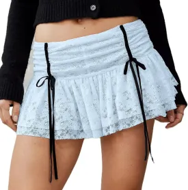Women Y2K Lace Mini Skirt Cute Low Waist Flowy Pleated Short Skirt Vintage Layered Half Slip A-Line Skirt Streetwear