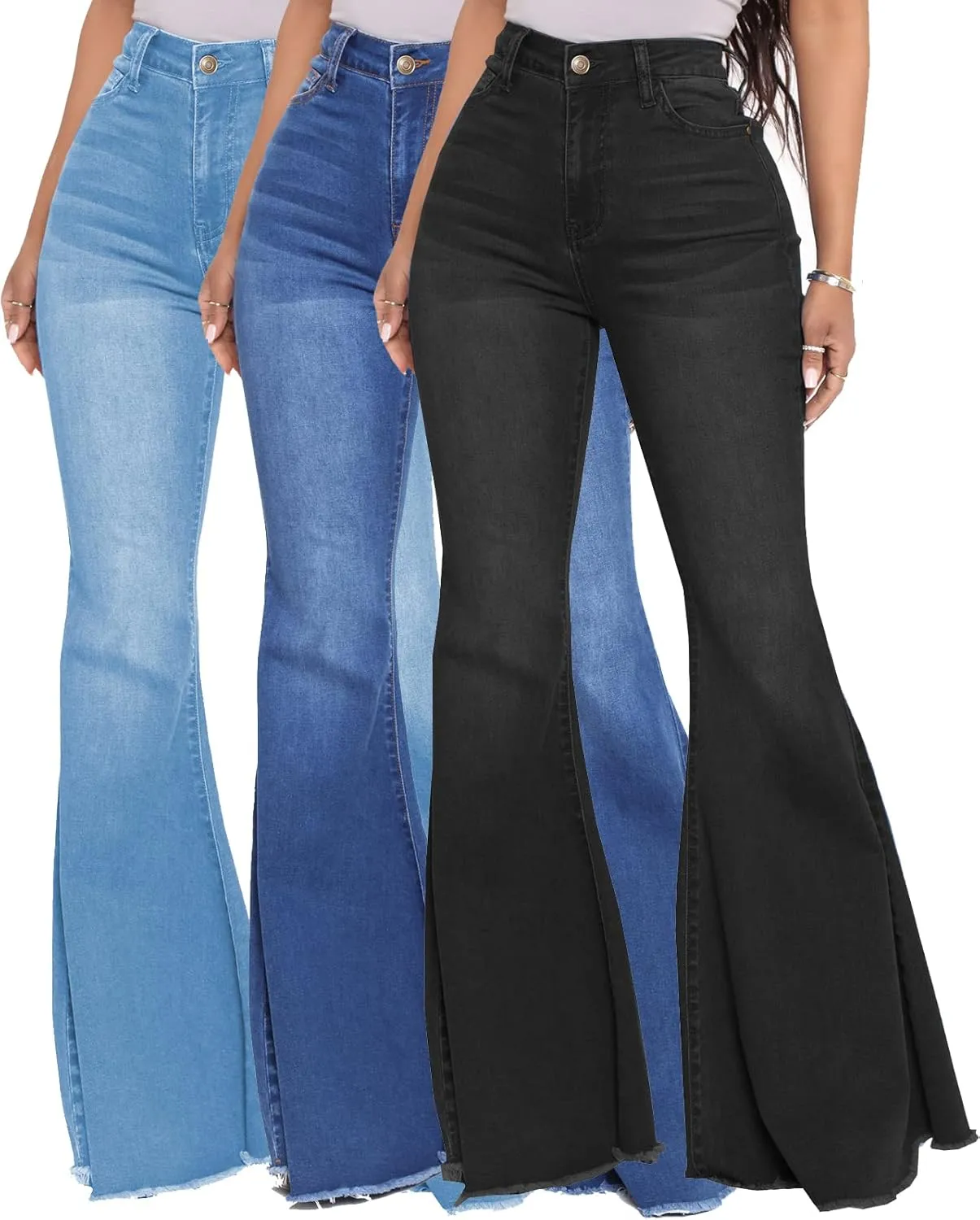 Women's Bell Bottom Jeans Classic Destoryed Ripped Flare Jeans Elastic Waist Raw Hem Denim Pants