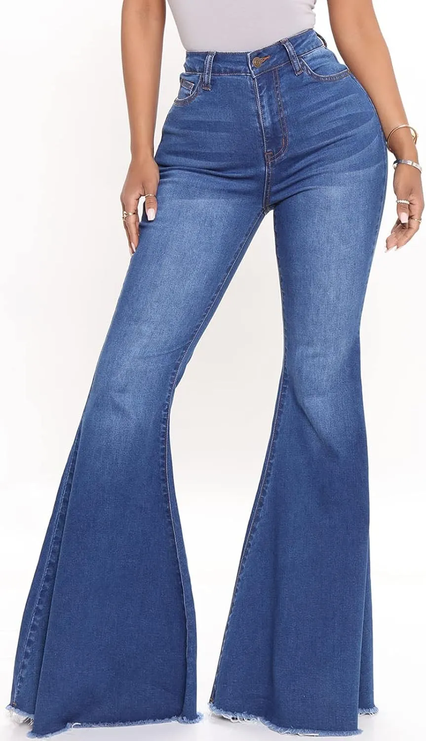 Women's Bell Bottom Jeans Classic Destoryed Ripped Flare Jeans Elastic Waist Raw Hem Denim Pants