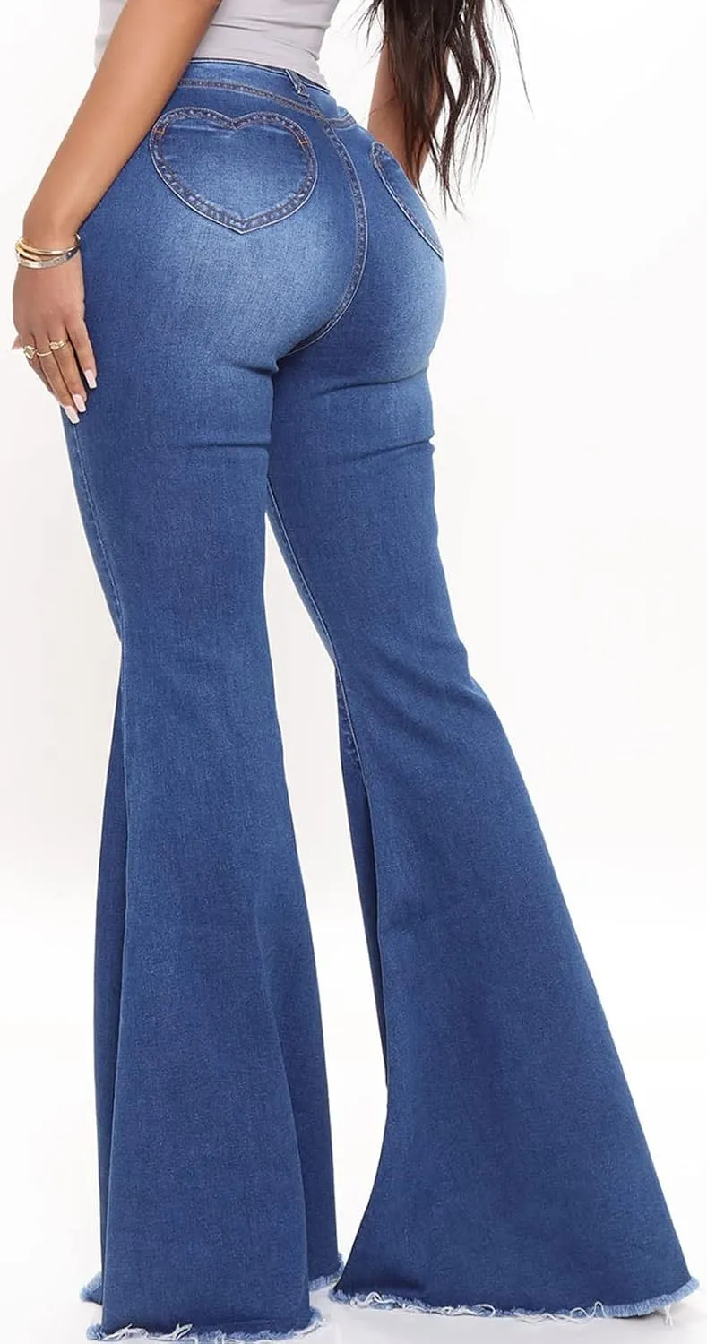 Women's Bell Bottom Jeans Classic Destoryed Ripped Flare Jeans Elastic Waist Raw Hem Denim Pants