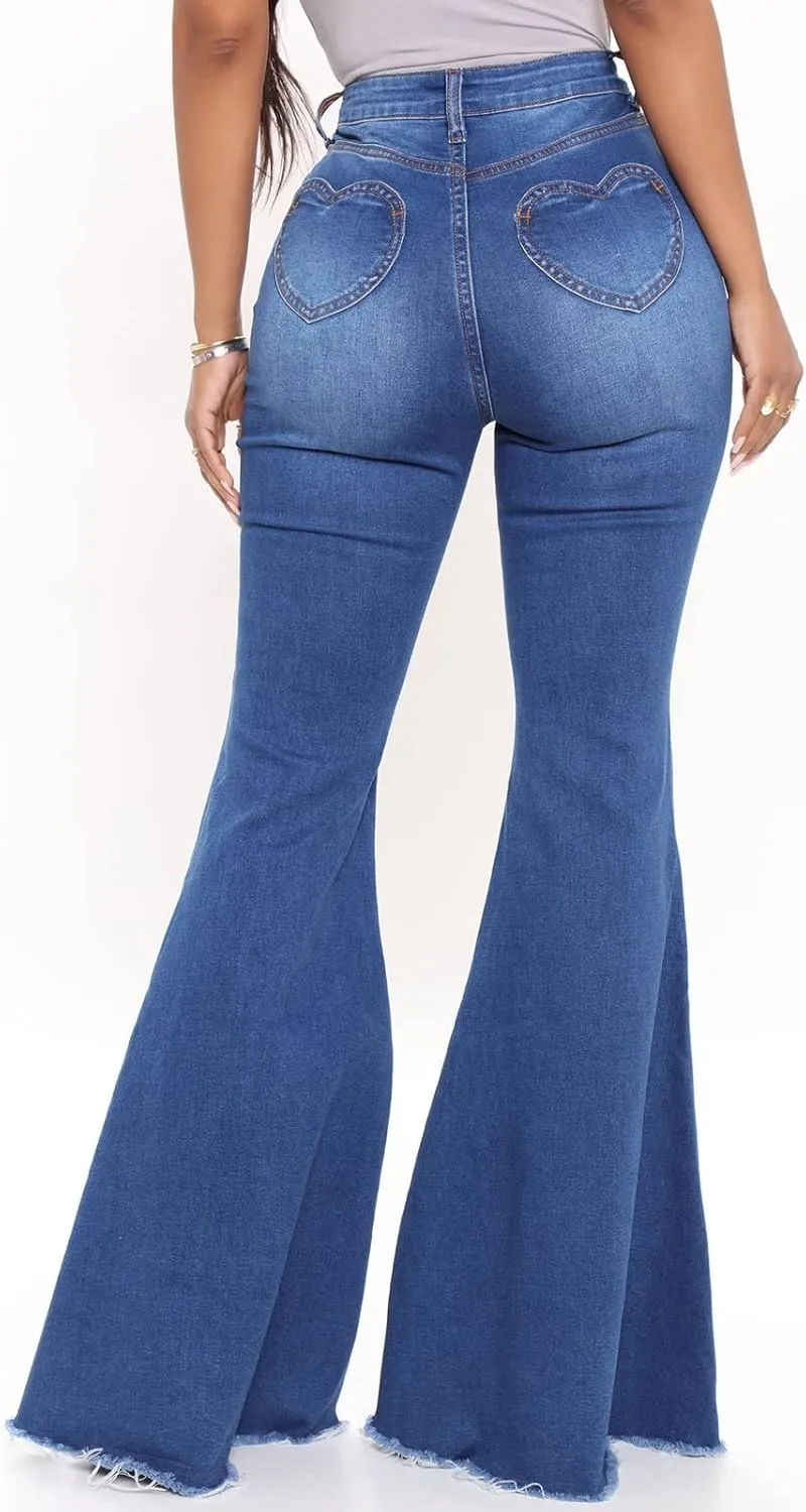 Women's Bell Bottom Jeans Classic Destoryed Ripped Flare Jeans Elastic Waist Raw Hem Denim Pants