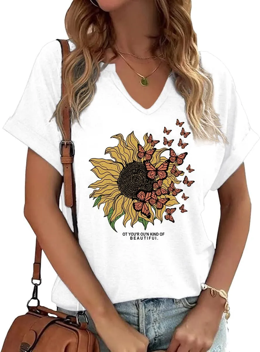 Womens Boho Floral Shirt Vintage Flower Graphic Tee T-Shirt Summer Short Sleeve T Shirts Cute T Shirt Tops