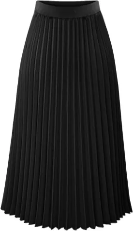 Womens High Elastic Waist Pleated Chiffon Skirt Midi Swing A-line Skirt Dressy Plain Solid Color Elegant Long Skirts